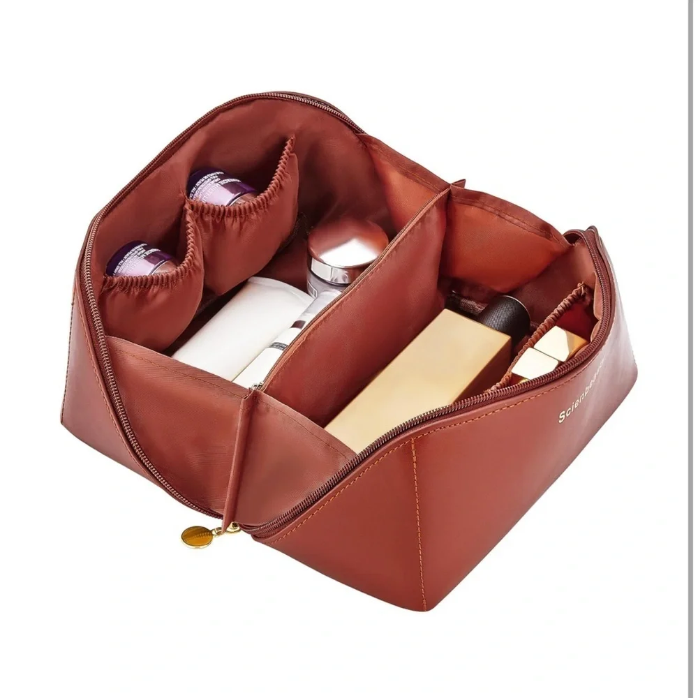 Scienbeauty Large Travel Makeup Bag Brown Vegan Leather Open Flat Cosmetic Case